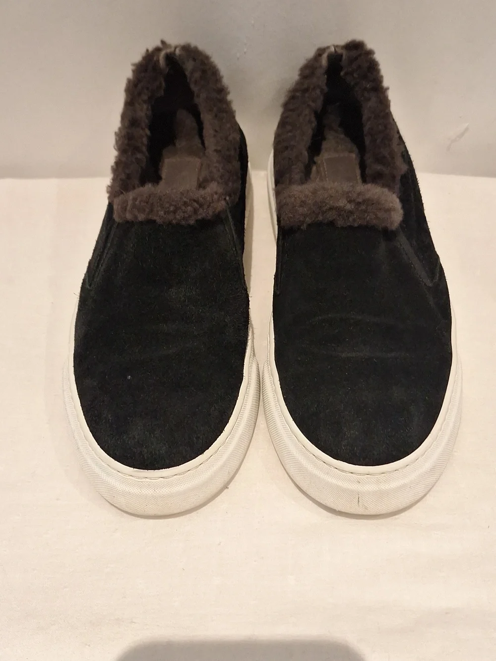 M.  GEMI Women's Black Suede Slip-On Sneakers with Gray Faux Fur Lining